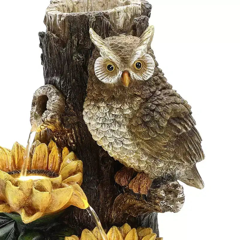 LuxenHome 28 Inch Outdoor Water Fountain, Owl and Sunflower Cascading Waterfall Fountain Outdoor and Indoor with LED Lights Brown