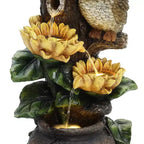 LuxenHome 28 Inch Outdoor Water Fountain, Owl and Sunflower Cascading Waterfall Fountain Outdoor and Indoor with LED Lights Brown