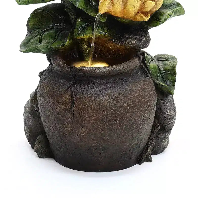 LuxenHome 28 Inch Outdoor Water Fountain, Owl and Sunflower Cascading Waterfall Fountain Outdoor and Indoor with LED Lights Brown