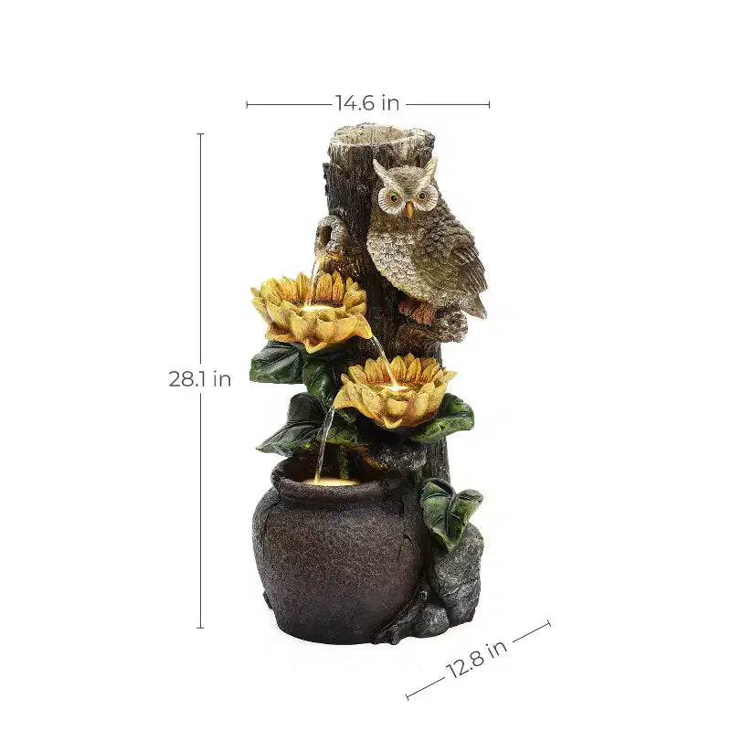 LuxenHome 28 Inch Outdoor Water Fountain, Owl and Sunflower Cascading Waterfall Fountain Outdoor and Indoor with LED Lights Brown