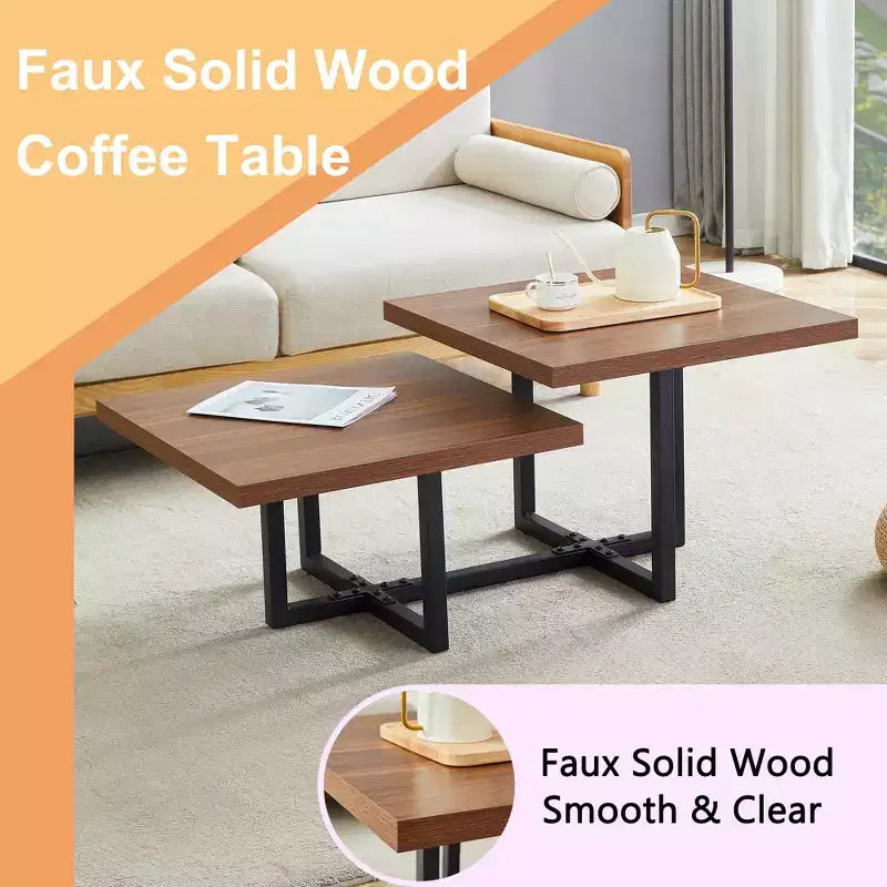 GDFStudio Aaron Dark Double-Deck Wood 47W Coffee Table with Metal Criss Cross Base