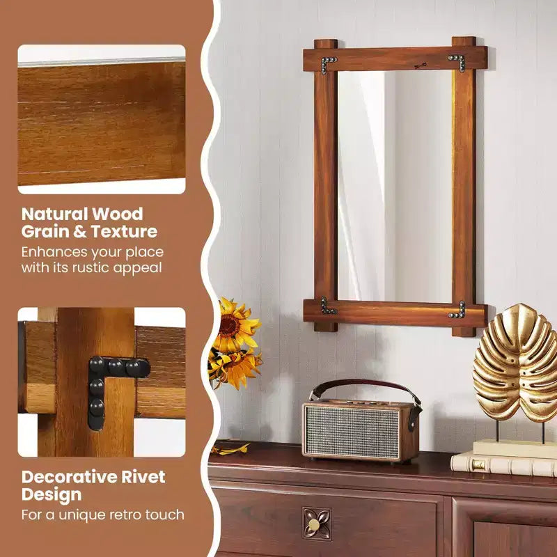 Costway 30 x 20/35 x 24/40 x 28.5 Inch Shatterproof Wall Mirror with Acacia Wood Frame & Vintage Rivet Design