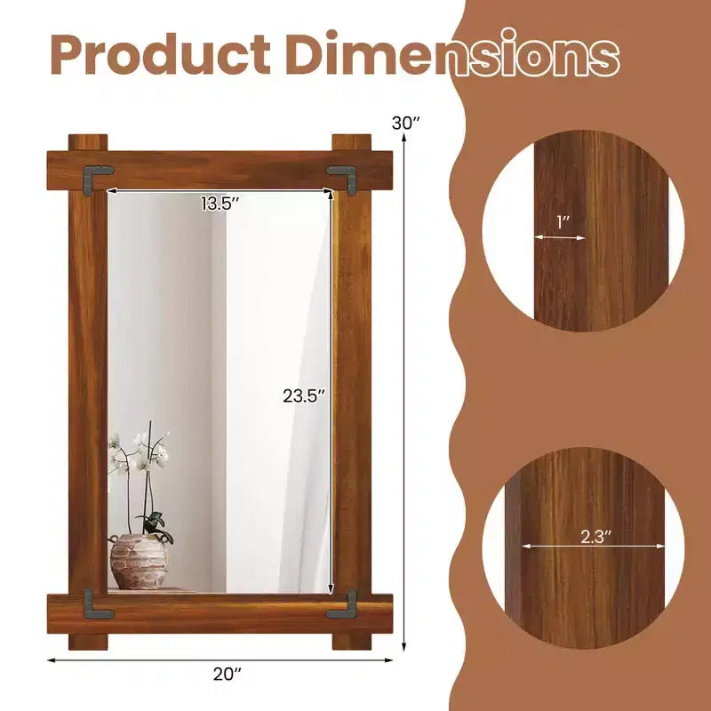 Costway 30 x 20/35 x 24/40 x 28.5 Inch Shatterproof Wall Mirror with Acacia Wood Frame & Vintage Rivet Design