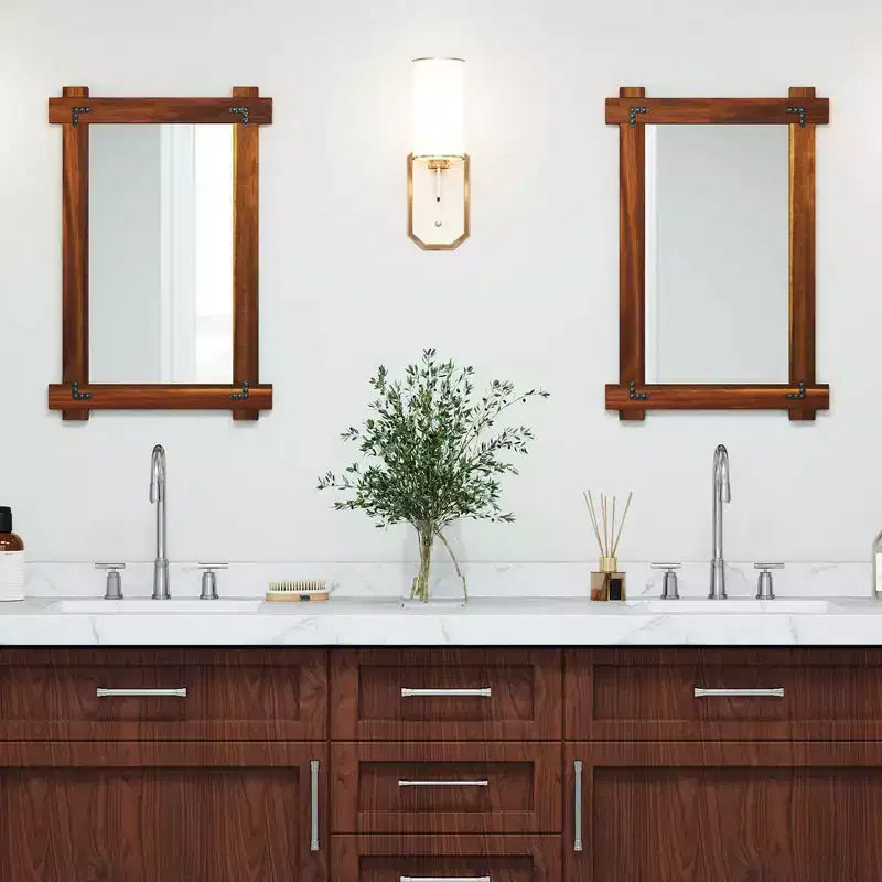 Costway 30 x 20/35 x 24/40 x 28.5 Inch Shatterproof Wall Mirror with Acacia Wood Frame & Vintage Rivet Design