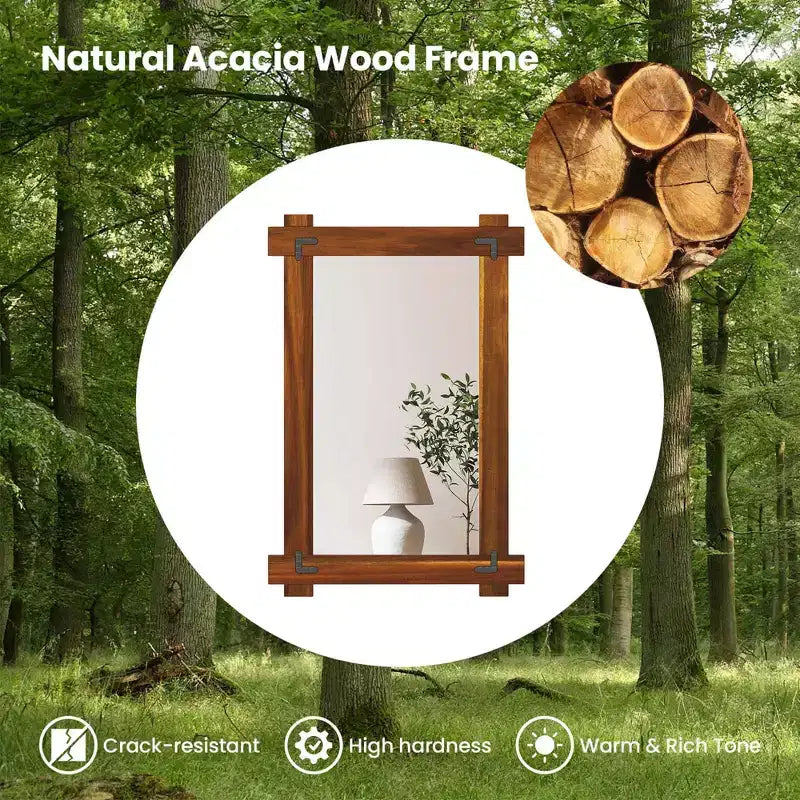 Costway 30 x 20/35 x 24/40 x 28.5 Inch Shatterproof Wall Mirror with Acacia Wood Frame & Vintage Rivet Design