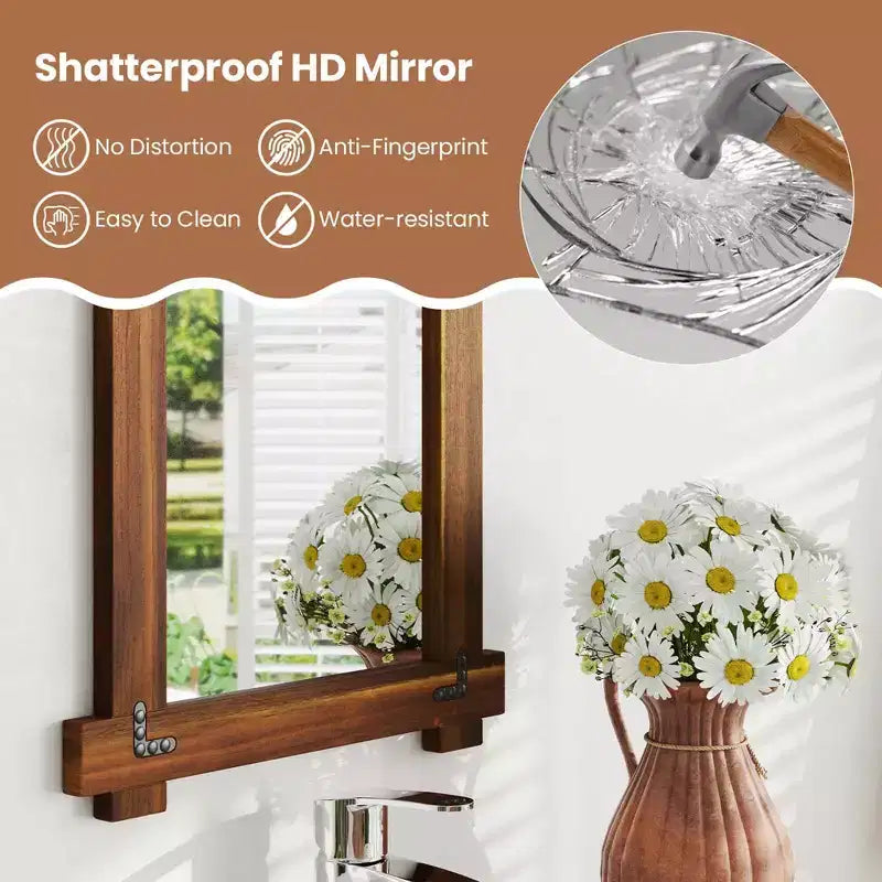 Costway 30 x 20/35 x 24/40 x 28.5 Inch Shatterproof Wall Mirror with Acacia Wood Frame & Vintage Rivet Design