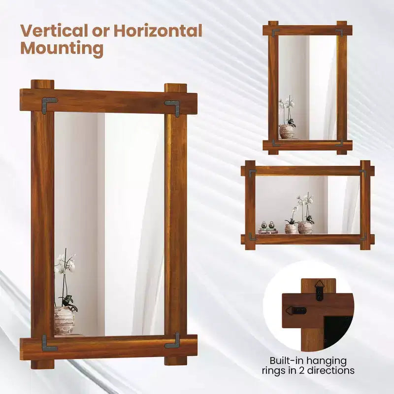 Costway 30 x 20/35 x 24/40 x 28.5 Inch Shatterproof Wall Mirror with Acacia Wood Frame & Vintage Rivet Design