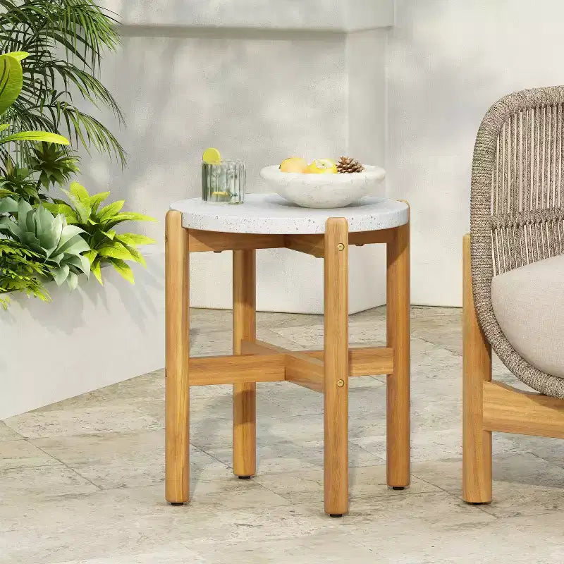 Christopher Knight Home Tobias Rustic Outdoor Lightweight Concrete and Acacia Wood Round SIde Table