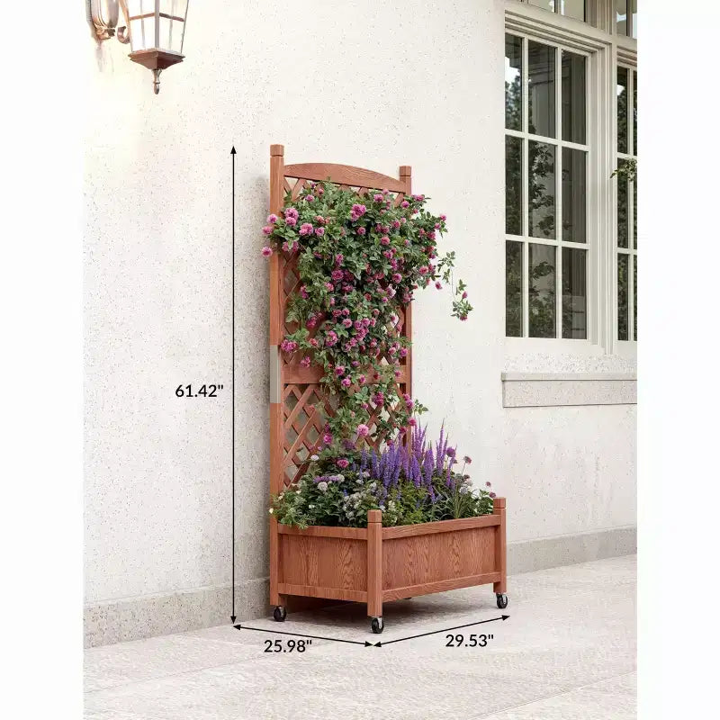 Wooden Garden bed with Trellis and Wheels, Drainage Holes Garden bed, Raised bed for climbing plants,Flowers and Vegetables.