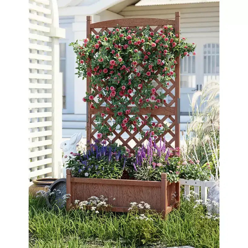 Wooden Garden bed with Trellis and Wheels, Drainage Holes Garden bed, Raised bed for climbing plants,Flowers and Vegetables.