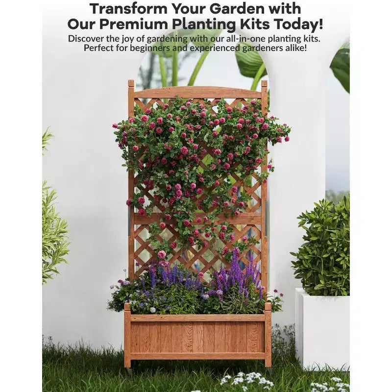Wooden Garden bed with Trellis and Wheels, Drainage Holes Garden bed, Raised bed for climbing plants,Flowers and Vegetables.