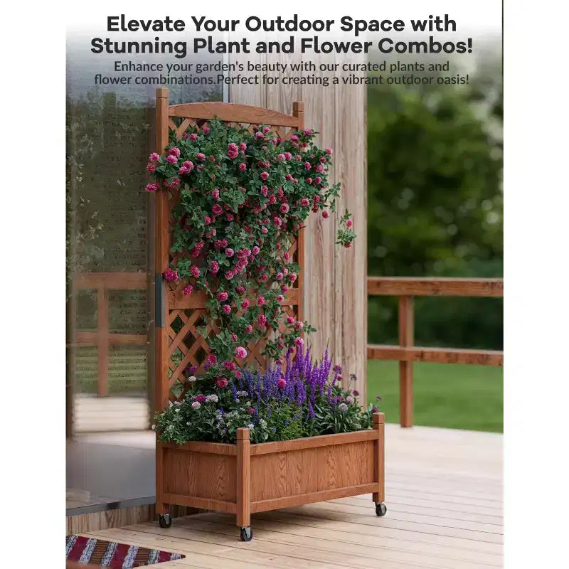 Wooden Garden bed with Trellis and Wheels, Drainage Holes Garden bed, Raised bed for climbing plants,Flowers and Vegetables.