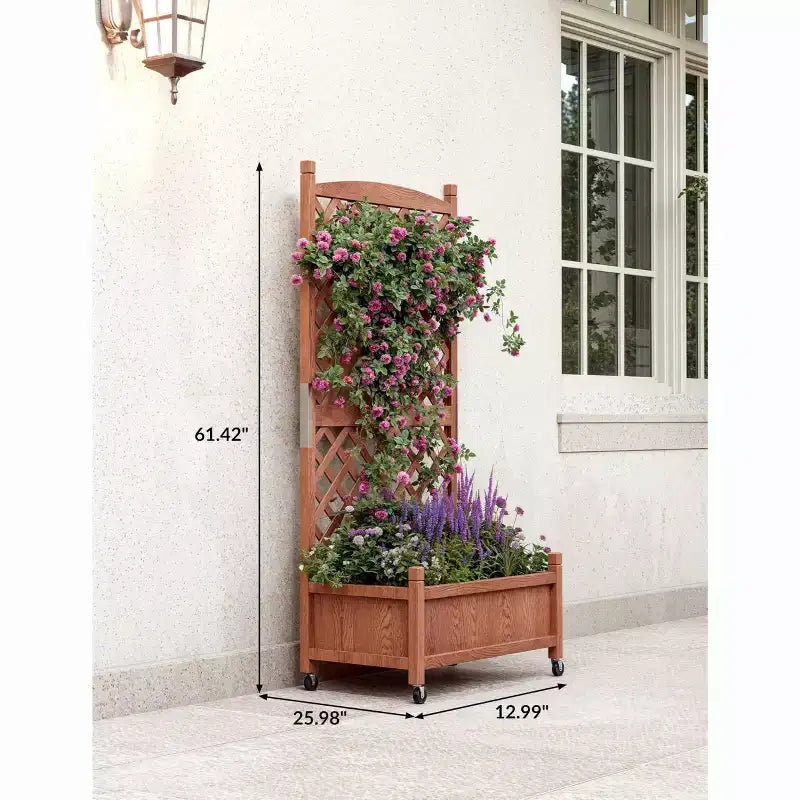 Wooden Garden bed with Trellis and Wheels, Drainage Holes Garden bed, Raised bed for climbing plants,Flowers and Vegetables.