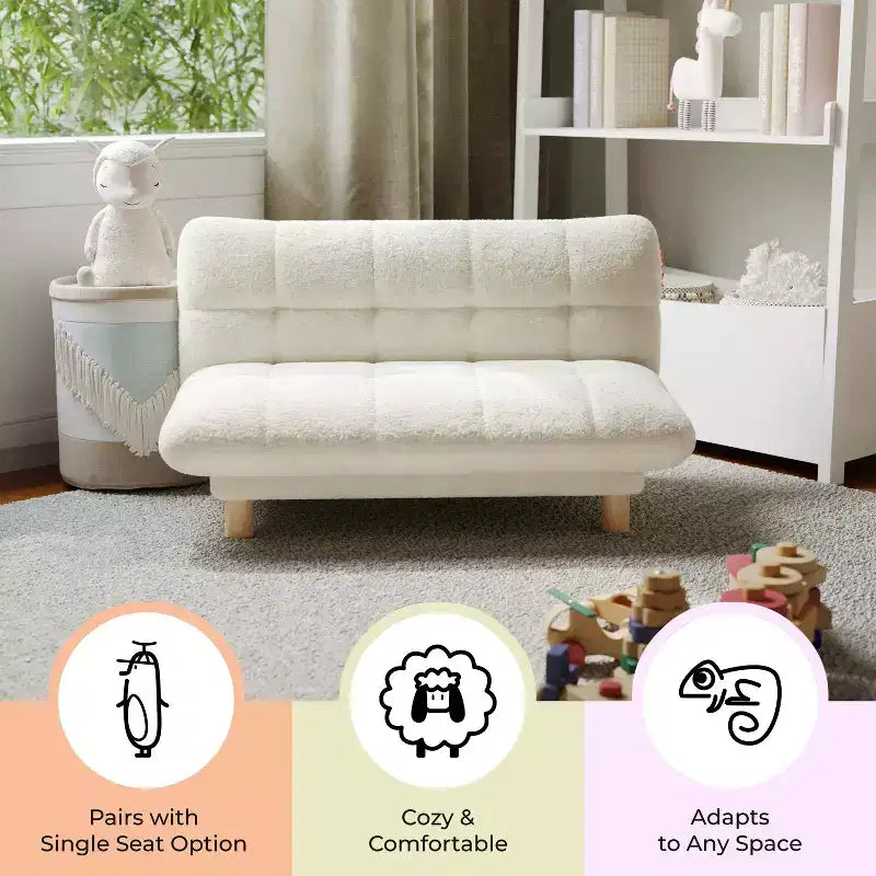 Buzz & Bloom Faux Shearling Cushioned Kids Couch with Tufted Seat and Back, Wood Legs in Marshmallow