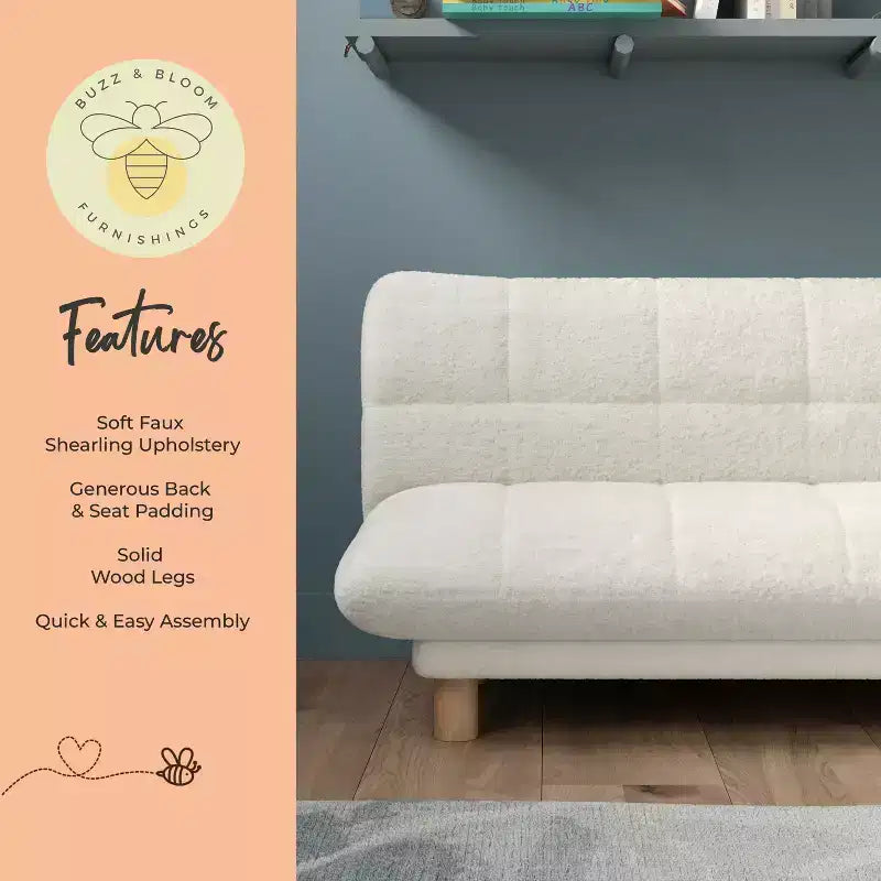 Buzz & Bloom Faux Shearling Cushioned Kids Couch with Tufted Seat and Back, Wood Legs in Marshmallow