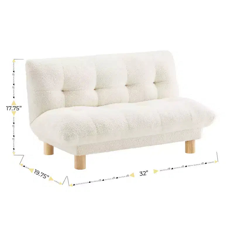 Buzz & Bloom Faux Shearling Cushioned Kids Couch with Tufted Seat and Back, Wood Legs in Marshmallow