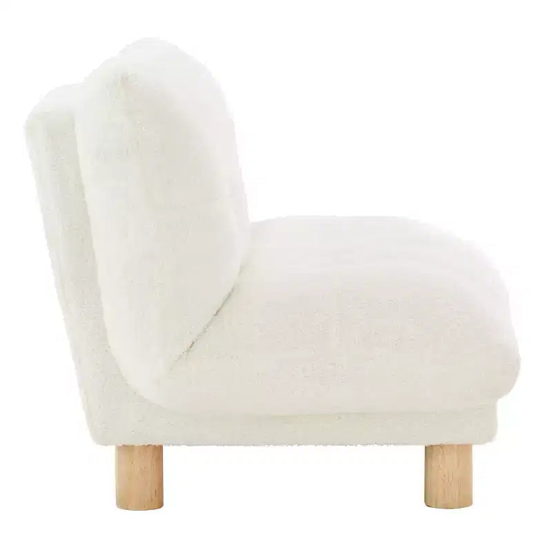Buzz & Bloom Faux Shearling Cushioned Kids Couch with Tufted Seat and Back, Wood Legs in Marshmallow