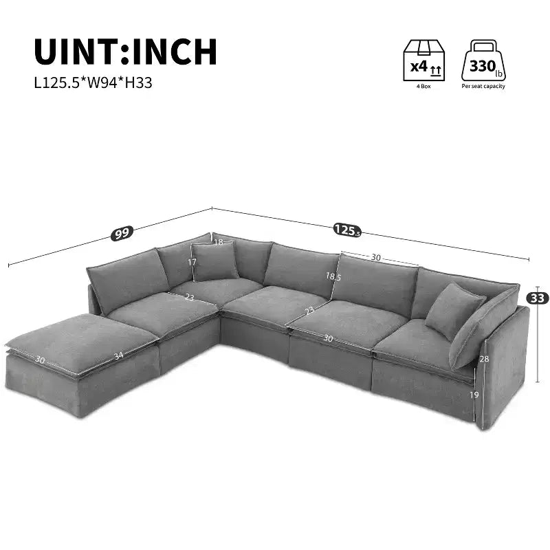 Whisen 125.5 Modular 6-Seat Sectional Sofa with Movable Ottoman Wide Seat Chenille Fabric Free Combination for Living Room Apartment