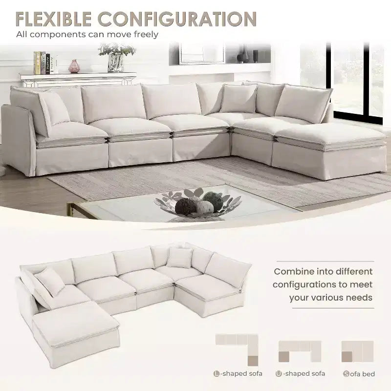 Whisen 125.5 Modular 6-Seat Sectional Sofa with Movable Ottoman Wide Seat Chenille Fabric Free Combination for Living Room Apartment