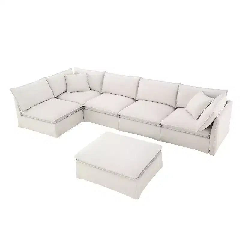 Whisen 125.5 Modular 6-Seat Sectional Sofa with Movable Ottoman Wide Seat Chenille Fabric Free Combination for Living Room Apartment