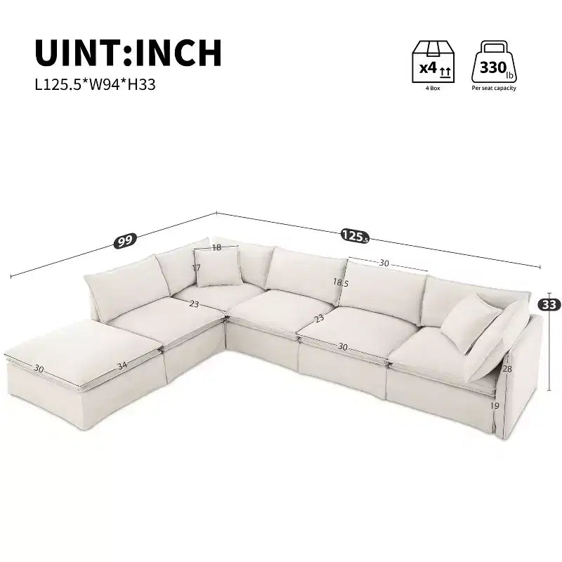 Whisen 125.5 Modular 6-Seat Sectional Sofa with Movable Ottoman Wide Seat Chenille Fabric Free Combination for Living Room Apartment