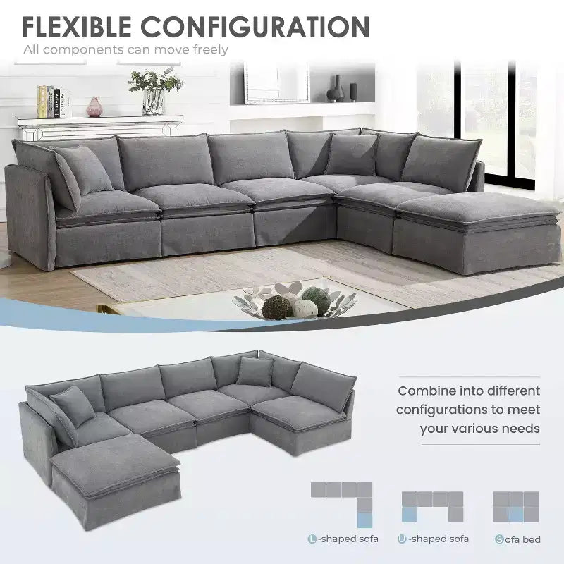 Whisen 125.5 Modular 6-Seat Sectional Sofa with Movable Ottoman Wide Seat Chenille Fabric Free Combination for Living Room Apartment