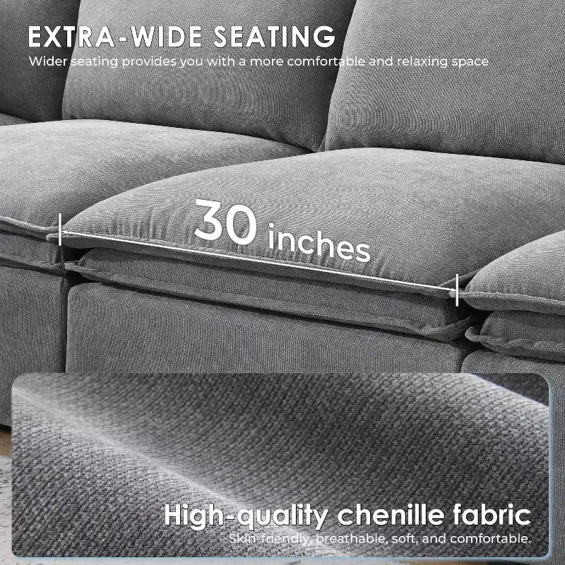 Whisen 125.5 Modular 6-Seat Sectional Sofa with Movable Ottoman Wide Seat Chenille Fabric Free Combination for Living Room Apartment