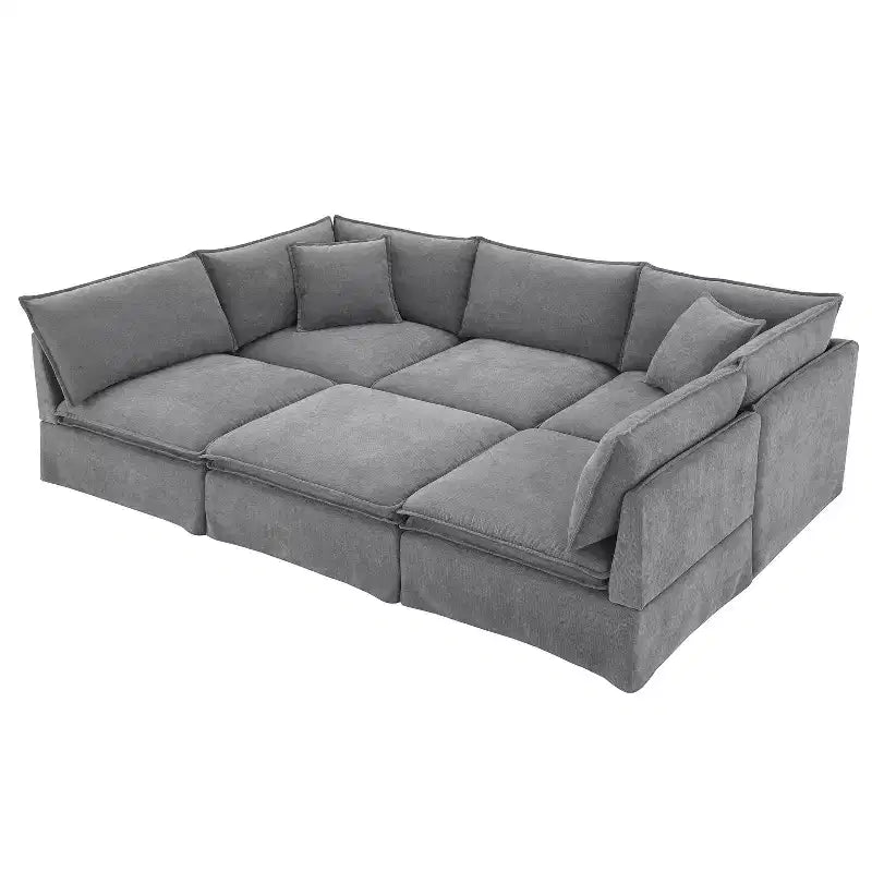 Whisen 125.5 Modular 6-Seat Sectional Sofa with Movable Ottoman Wide Seat Chenille Fabric Free Combination for Living Room Apartment