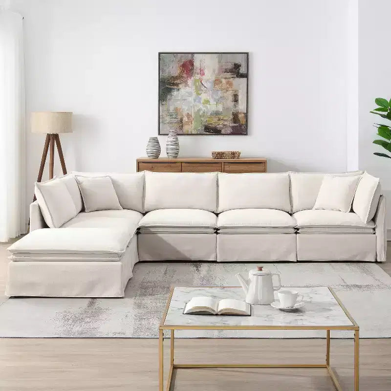 Whisen 125.5 Modular 6-Seat Sectional Sofa with Movable Ottoman Wide Seat Chenille Fabric Free Combination for Living Room Apartment