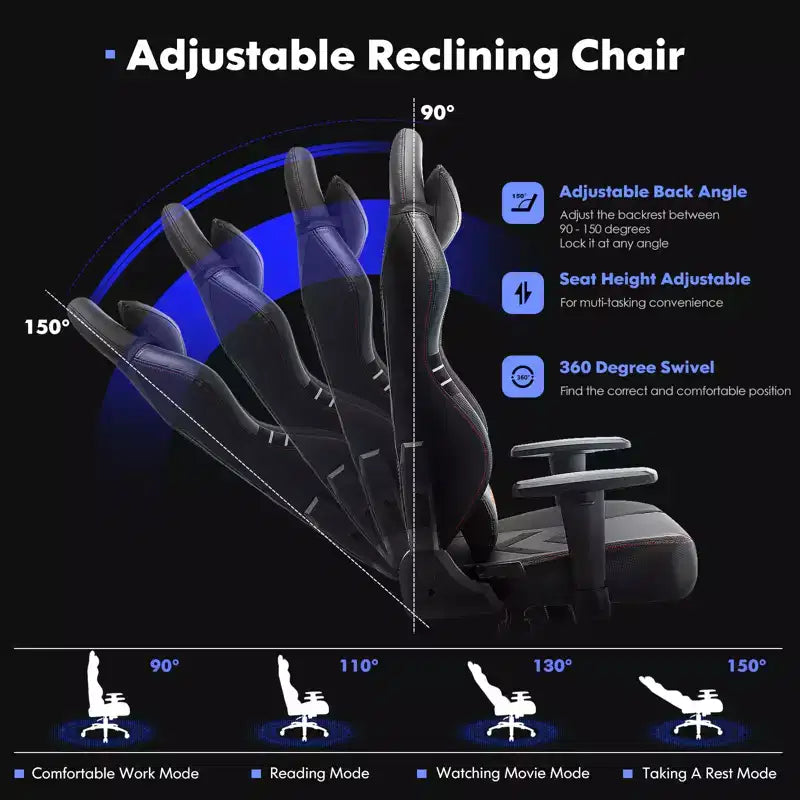Sweat-proof PU Leather Gaming Chair Fixed up Armrest Lumbar Support Ergonomic Arm Chair With Double Arm & Footrest