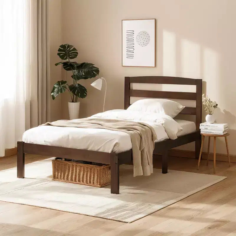 Subrtex Solid Wood Platform Bed with Headboard, Bed Frame with Wood Slat Support, Walnut