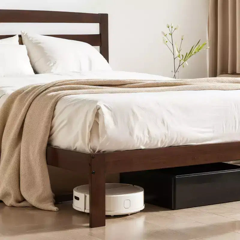Subrtex Solid Wood Platform Bed with Headboard, Bed Frame with Wood Slat Support, Walnut