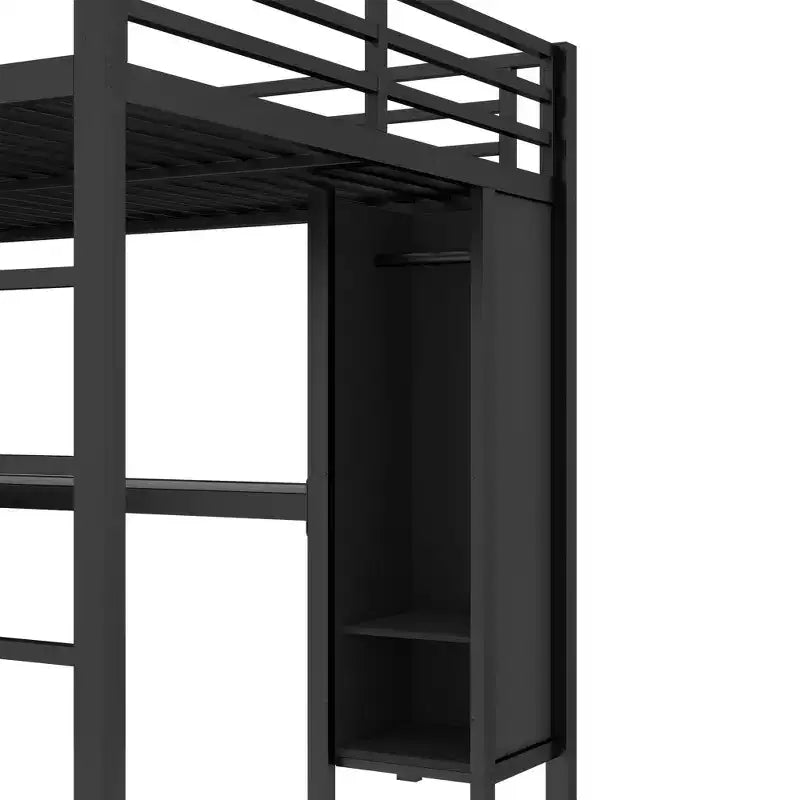 Full/Queen Size Metal Loft Bed with Wardrobe and L-Shaped Desk, Heavy-Duty Loft Bed with Storage Cubes and Shelves, White/Black - ModernLuxe