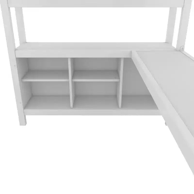Full/Queen Size Metal Loft Bed with Wardrobe and L-Shaped Desk, Heavy-Duty Loft Bed with Storage Cubes and Shelves, White/Black - ModernLuxe