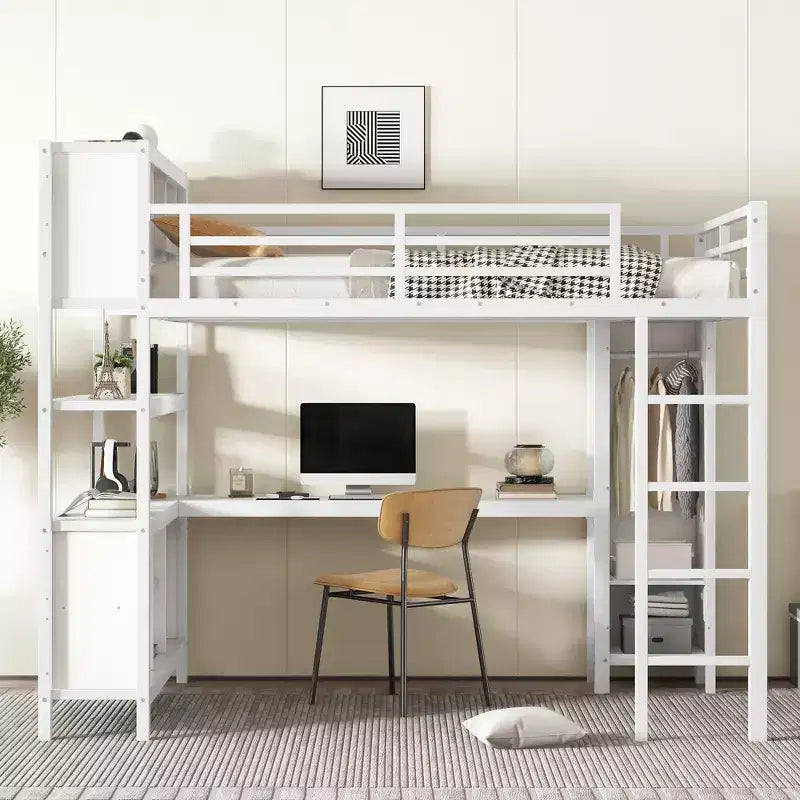 Full/Queen Size Metal Loft Bed with Wardrobe and L-Shaped Desk, Heavy-Duty Loft Bed with Storage Cubes and Shelves, White/Black - ModernLuxe