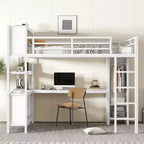 Full/Queen Size Metal Loft Bed with Wardrobe and L-Shaped Desk, Heavy-Duty Loft Bed with Storage Cubes and Shelves, White/Black - ModernLuxe