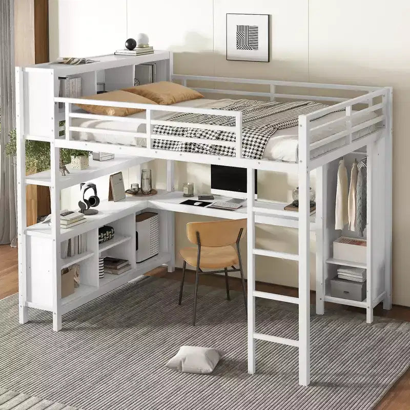 Full/Queen Size Metal Loft Bed with Wardrobe and L-Shaped Desk, Heavy-Duty Loft Bed with Storage Cubes and Shelves, White/Black - ModernLuxe