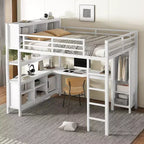 Full/Queen Size Metal Loft Bed with Wardrobe and L-Shaped Desk, Heavy-Duty Loft Bed with Storage Cubes and Shelves, White/Black - ModernLuxe