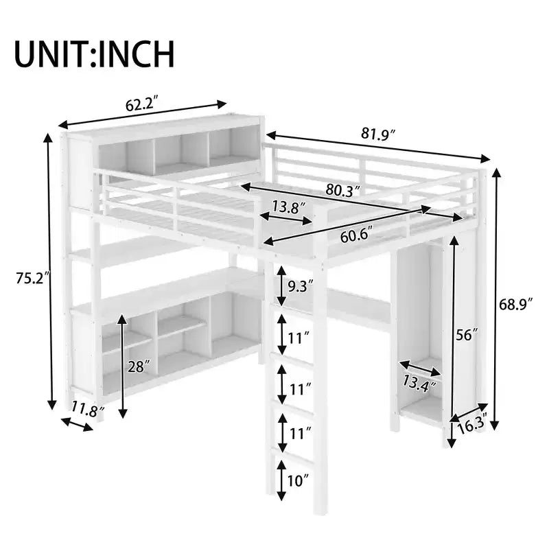 Full/Queen Size Metal Loft Bed with Wardrobe and L-Shaped Desk, Heavy-Duty Loft Bed with Storage Cubes and Shelves, White/Black - ModernLuxe