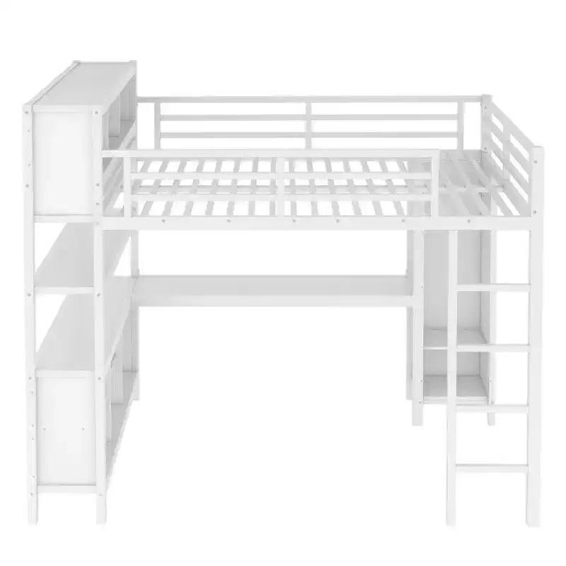 Full/Queen Size Metal Loft Bed with Wardrobe and L-Shaped Desk, Heavy-Duty Loft Bed with Storage Cubes and Shelves, White/Black - ModernLuxe