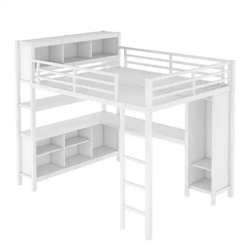 Full/Queen Size Metal Loft Bed with Wardrobe and L-Shaped Desk, Heavy-Duty Loft Bed with Storage Cubes and Shelves, White/Black - ModernLuxe
