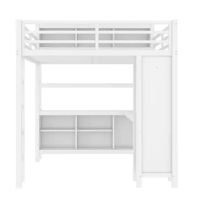 Full/Queen Size Metal Loft Bed with Wardrobe and L-Shaped Desk, Heavy-Duty Loft Bed with Storage Cubes and Shelves, White/Black - ModernLuxe