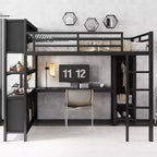 Full/Queen Size Metal Loft Bed with Wardrobe and L-Shaped Desk, Heavy-Duty Loft Bed with Storage Cubes and Shelves, White/Black - ModernLuxe