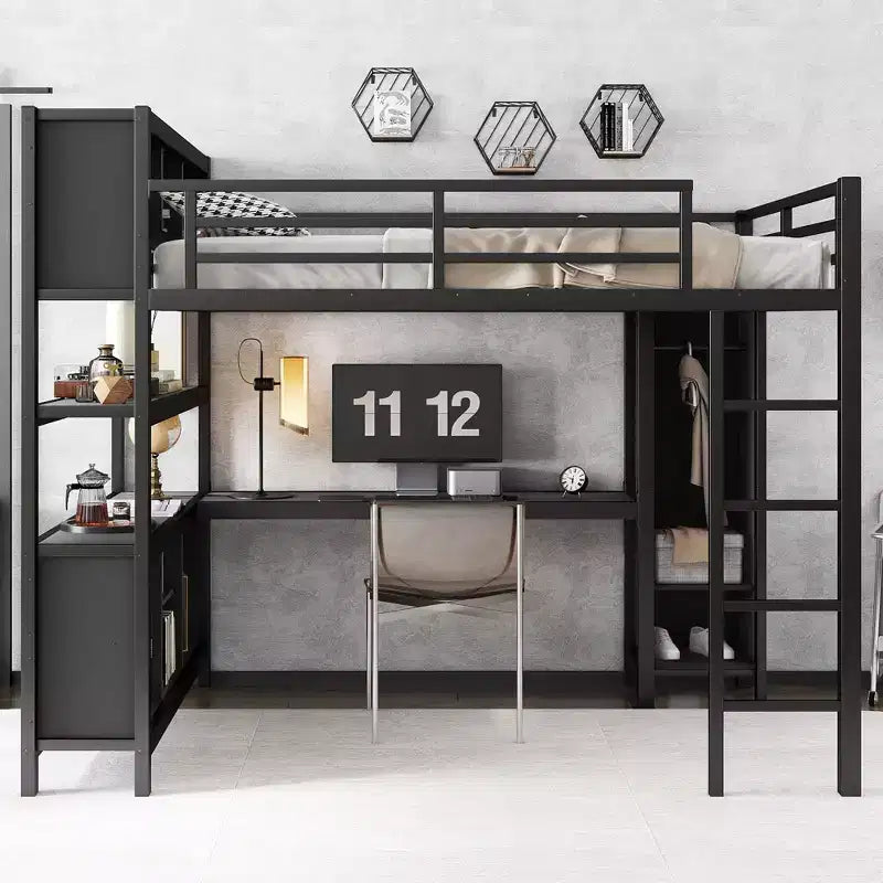 Full/Queen Size Metal Loft Bed with Wardrobe and L-Shaped Desk, Heavy-Duty Loft Bed with Storage Cubes and Shelves, White/Black - ModernLuxe