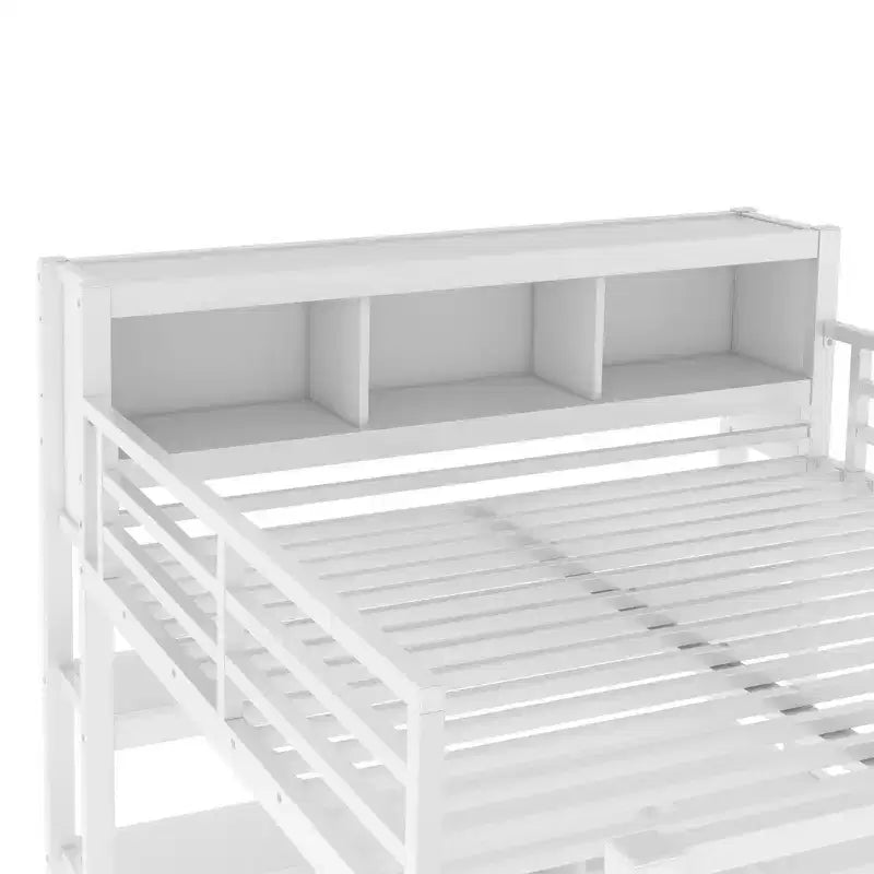 Full/Queen Size Metal Loft Bed with Wardrobe and L-Shaped Desk, Heavy-Duty Loft Bed with Storage Cubes and Shelves, White/Black - ModernLuxe