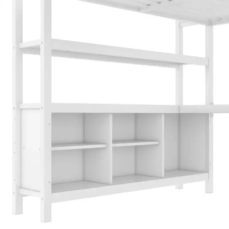 Full/Queen Size Metal Loft Bed with Wardrobe and L-Shaped Desk, Heavy-Duty Loft Bed with Storage Cubes and Shelves, White/Black - ModernLuxe