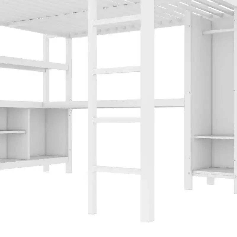 Full/Queen Size Metal Loft Bed with Wardrobe and L-Shaped Desk, Heavy-Duty Loft Bed with Storage Cubes and Shelves, White/Black - ModernLuxe