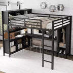 Full/Queen Size Metal Loft Bed with Wardrobe and L-Shaped Desk, Heavy-Duty Loft Bed with Storage Cubes and Shelves, White/Black - ModernLuxe