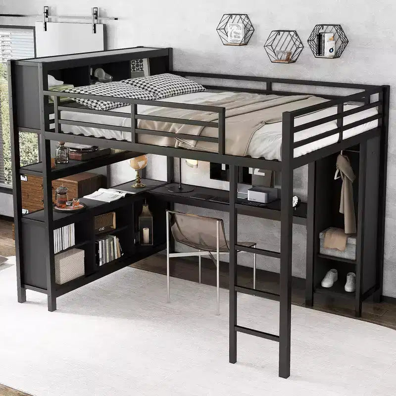 Full/Queen Size Metal Loft Bed with Wardrobe and L-Shaped Desk, Heavy-Duty Loft Bed with Storage Cubes and Shelves, White/Black - ModernLuxe