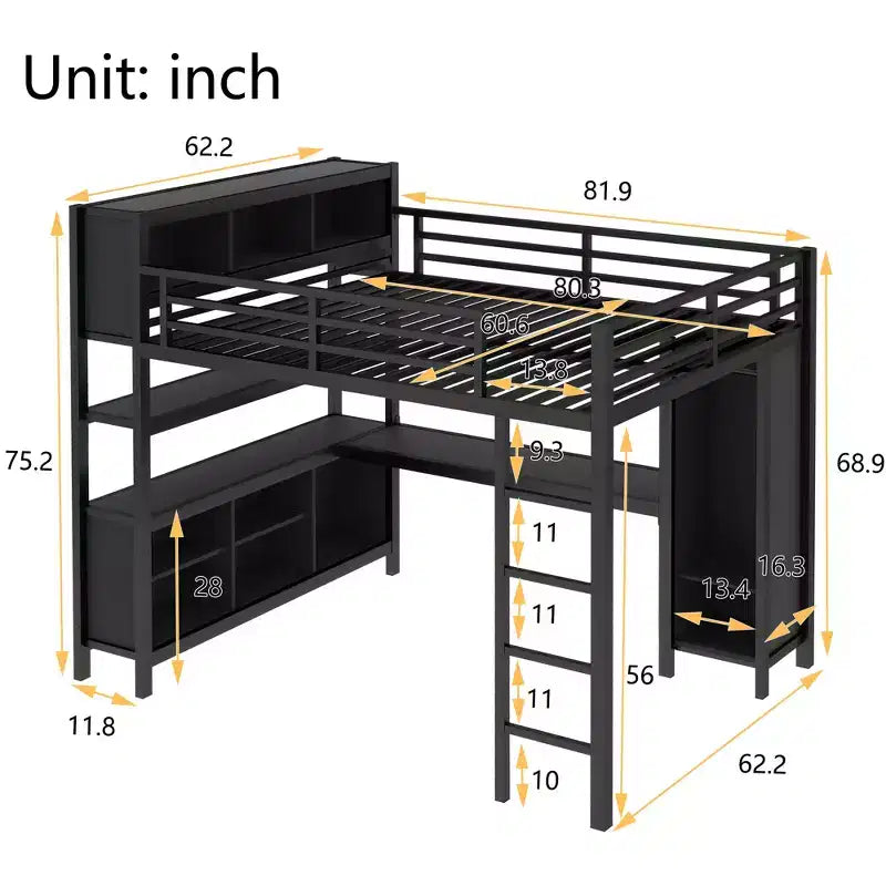 Full/Queen Size Metal Loft Bed with Wardrobe and L-Shaped Desk, Heavy-Duty Loft Bed with Storage Cubes and Shelves, White/Black - ModernLuxe